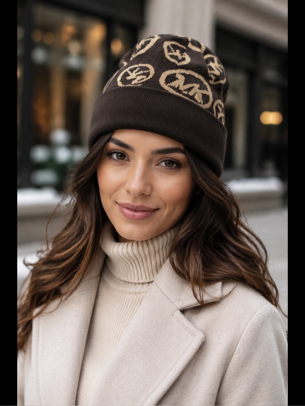 Michael Kors Brown and Beige Logo Knit Beanie